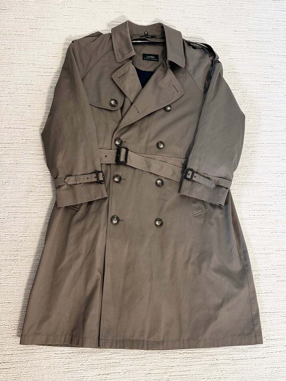 LAUREN RALPH LAUREN Mens Double-Breasted Sz 42R Taupe Trench Coat Quilted Liner
